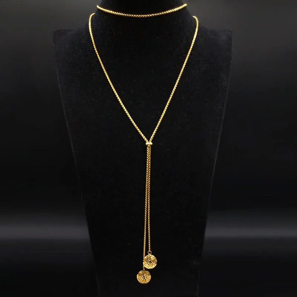 Stainless Steel Long Necklaces Gold Color round Flower Women Long Necklace Jewelry Sautoir Femme Long Acier Inoxydable