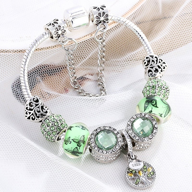 Élégant Bracelet En Argent Orné De Cristaux Verts